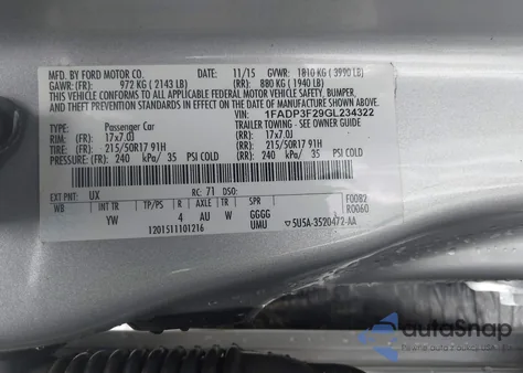 2016 Ford Focus Se из США, поврежденный, VIN 1FADP3F29GL234322